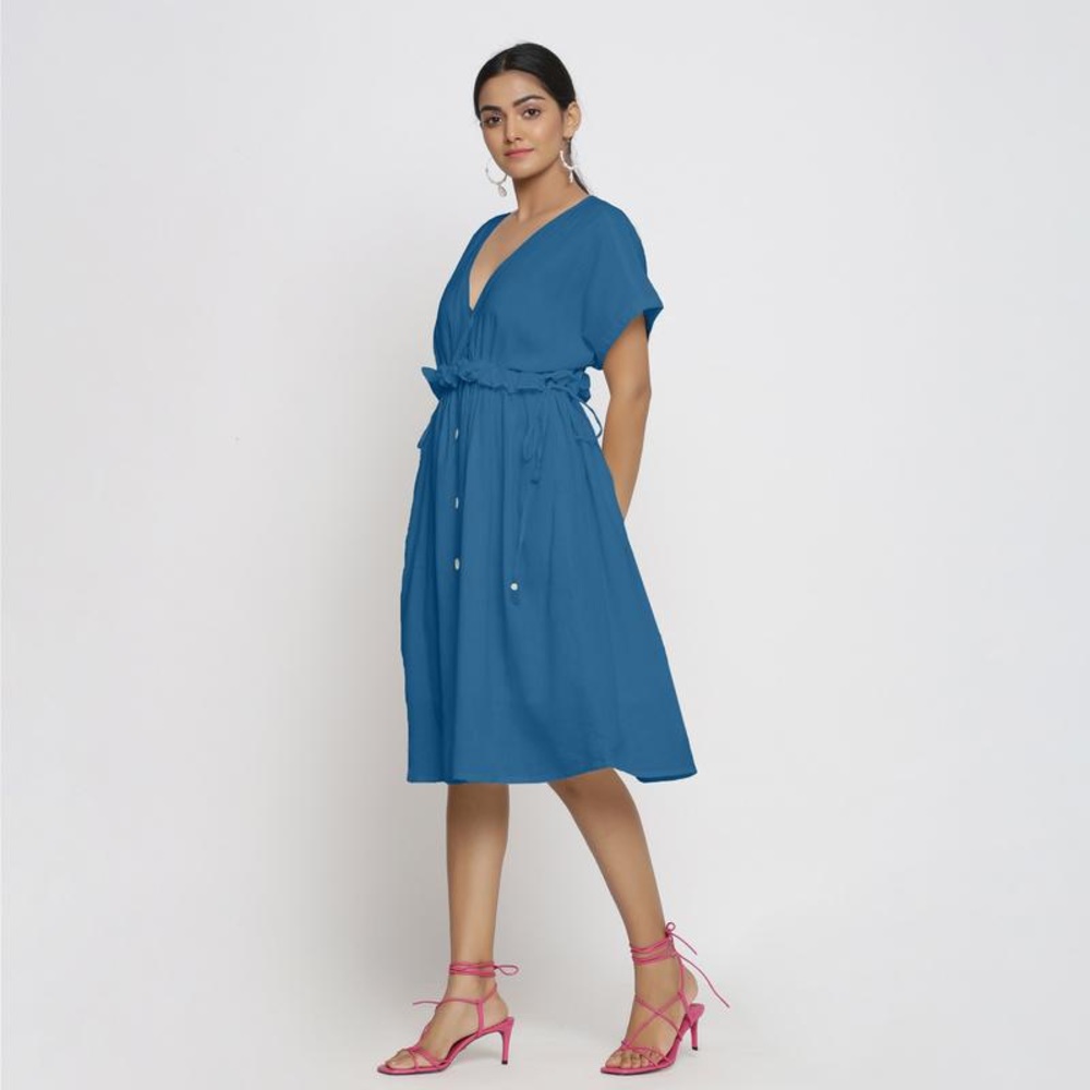 Seamsfriendly Frilled Teal V-Neck Bohemian Dress